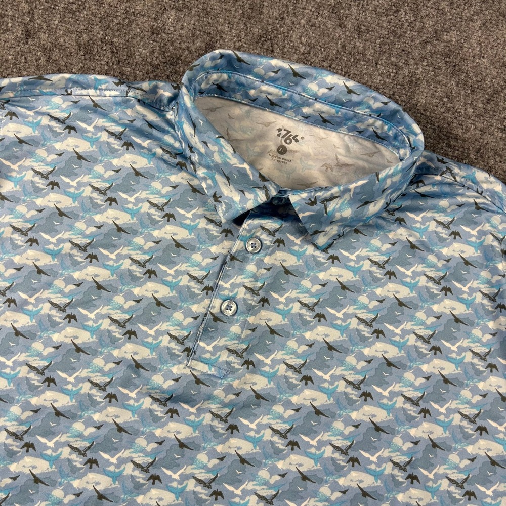 1764 Polo Shirt Mens XL Blue Bird Whale Print Short Sleeve Performance Golf‎ Top
